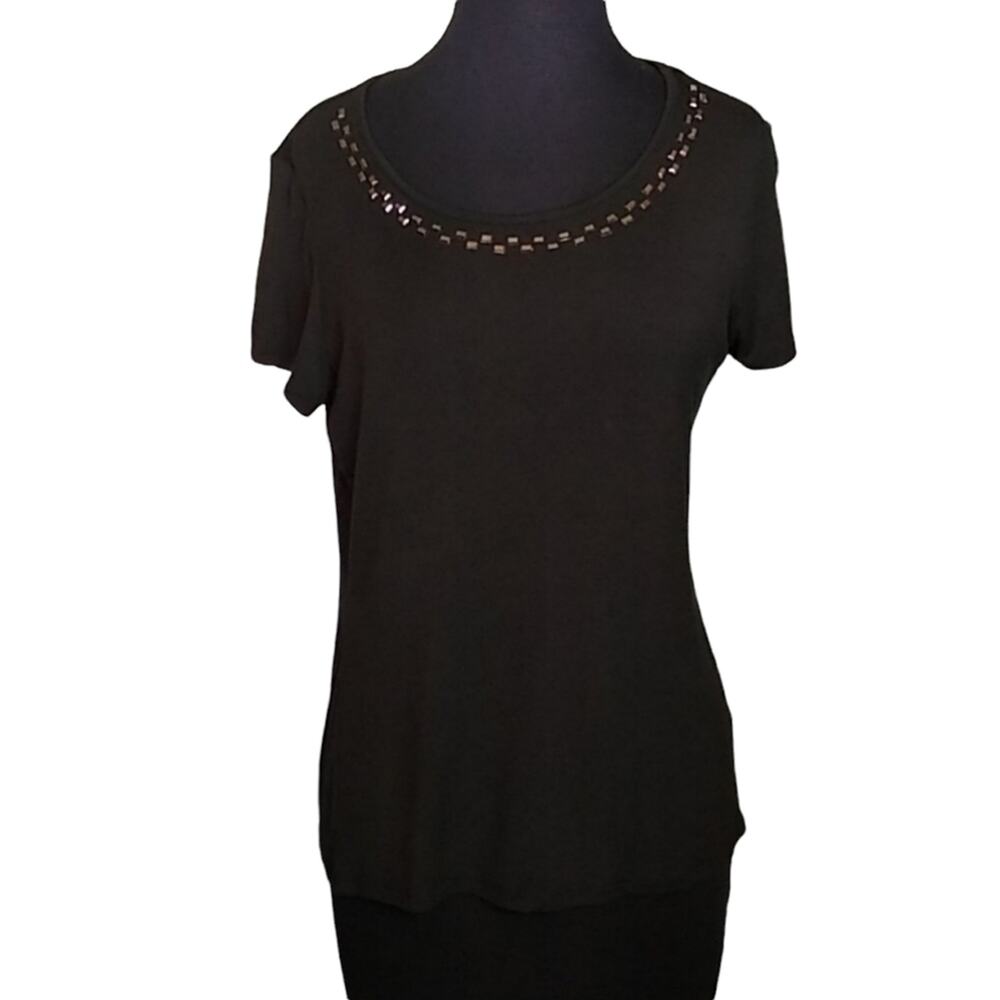 Jacqueline Smith Womens Small Black Studded Round Neck Tee T Shirt Mob Wife